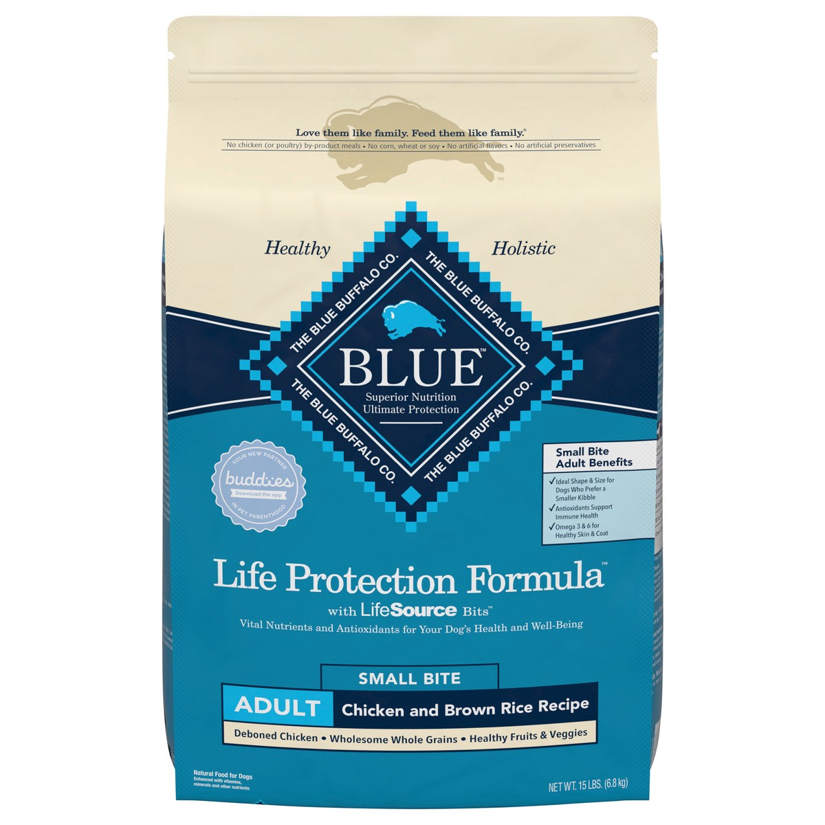 slide 1 of 8, Blue Buffalo Life Protection Formula Natural Adult Small Bite Dry Dog Food, Chicken and Brown Rice 15-lb, 15 lb