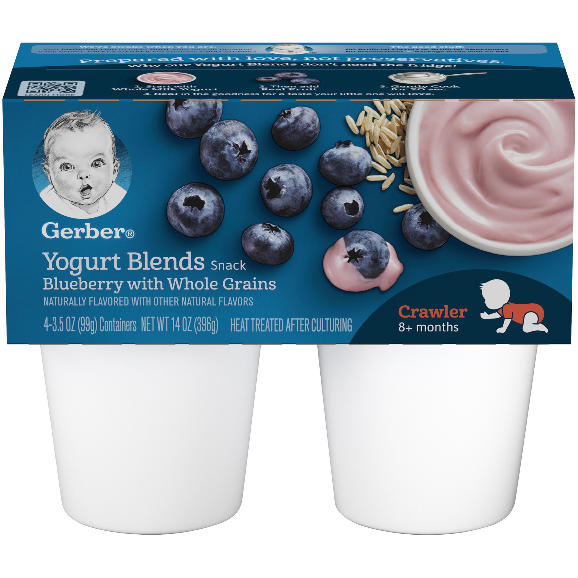 slide 1 of 9, Gerber (Pack of 4) Gerber Yogurt Blends Snack Blueberry Yogurt with Whole Grains, 3.5 oz Cups, 4 ct