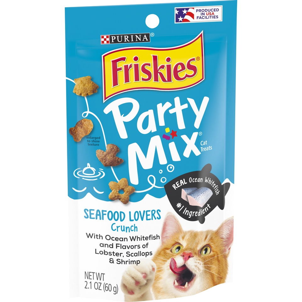 slide 2 of 9, Friskies Party Mix Seafood Lovers Crunch Adult Cat Treats Pouch, 2.1 oz