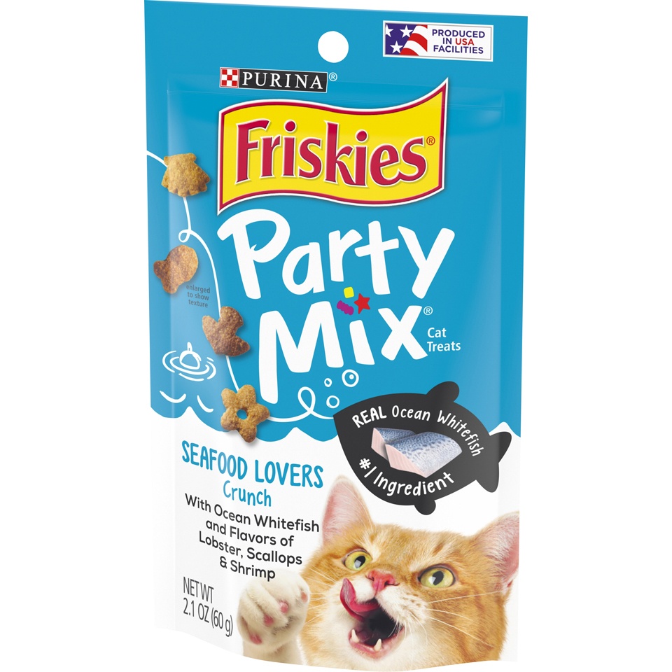 slide 4 of 9, Friskies Party Mix Seafood Lovers Crunch Adult Cat Treats Pouch, 2.1 oz