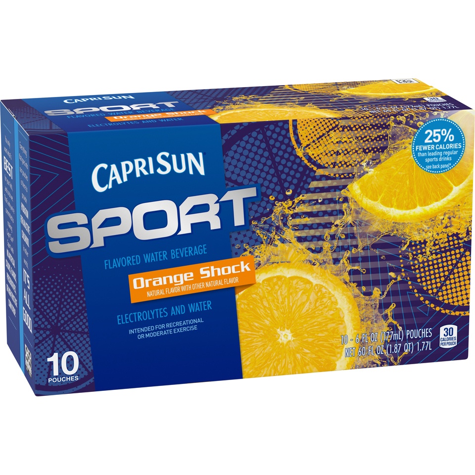 slide 2 of 8, Capri Sun Sport Orange Shock Flavored Water Beverage 10 - 6 fl oz Pouches, 10 ct; 6 fl oz