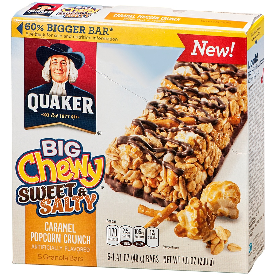 slide 3 of 3, Quaker Big Chewy Sweet & Salty Caramel Popcorn Crunch Granola Bars, 5 ct; 1.41 oz