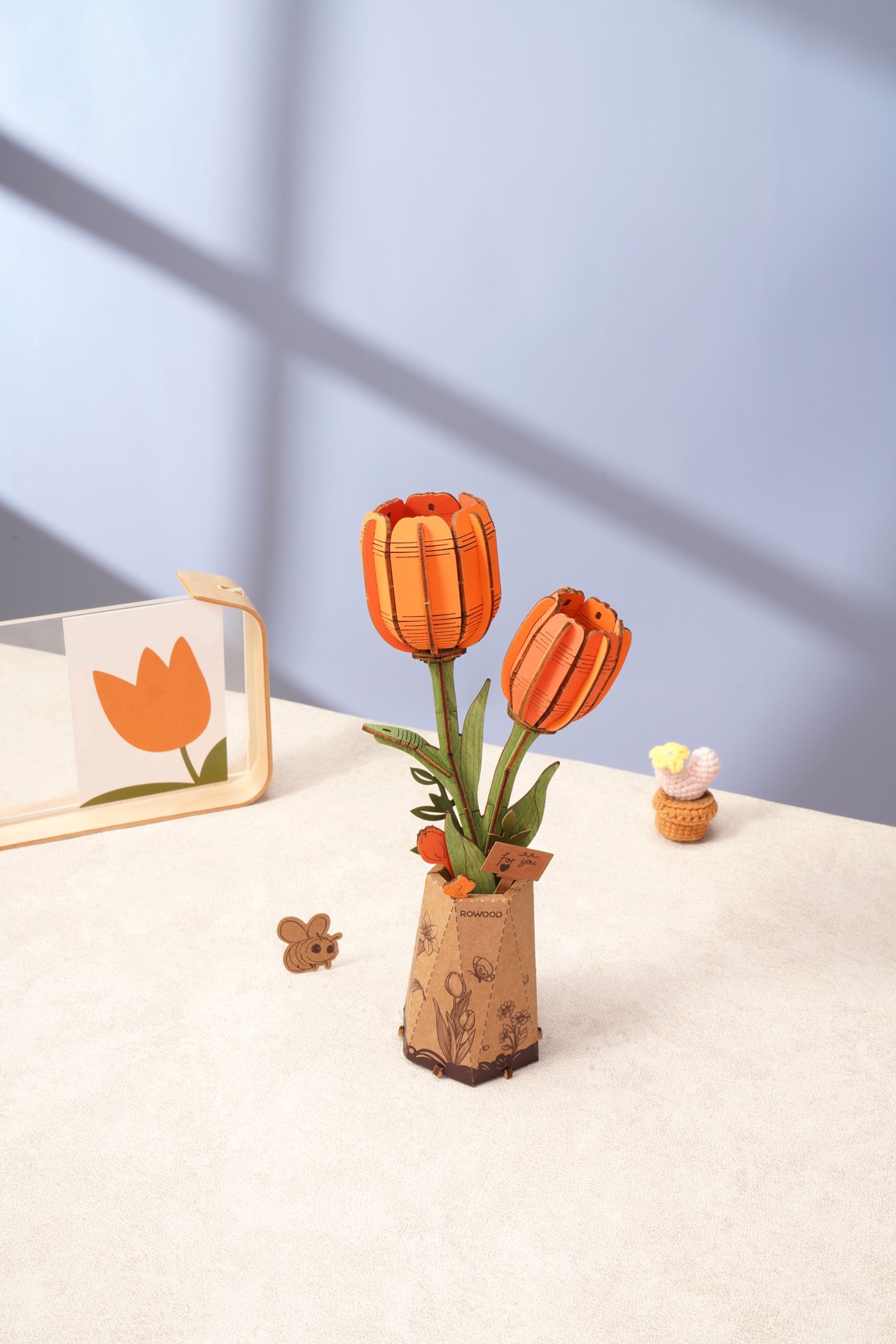 slide 4 of 4, Robotime Rowood Orange Tulip Wooden Bloom Craft, 3.7 in x 2.8 in x 8.9 in