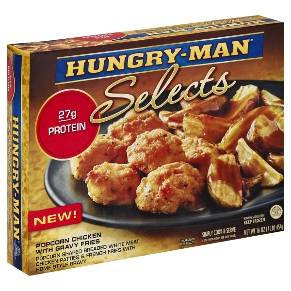 slide 1 of 1, Hungry-Man Selects Popcorn Chicken with Gravy Fries, 16 oz