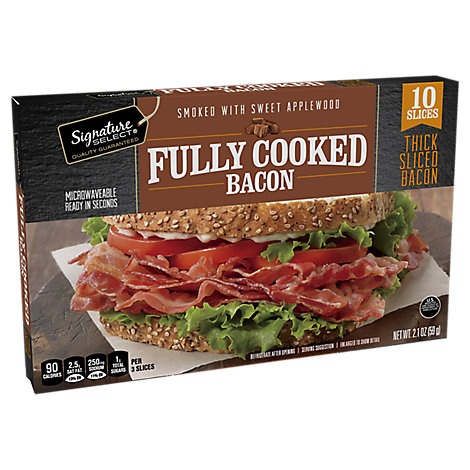 slide 1 of 1, Signature Select Fully Cooked Bacon Thick Sliced Smoked With Sweet Applewood, 2.1 oz