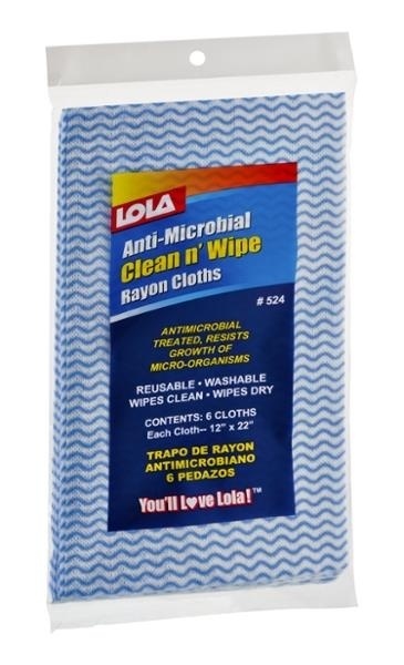 slide 1 of 1, Lola Anti-Microbial Clean N' Wipe Rayon Cloths, 6 ct