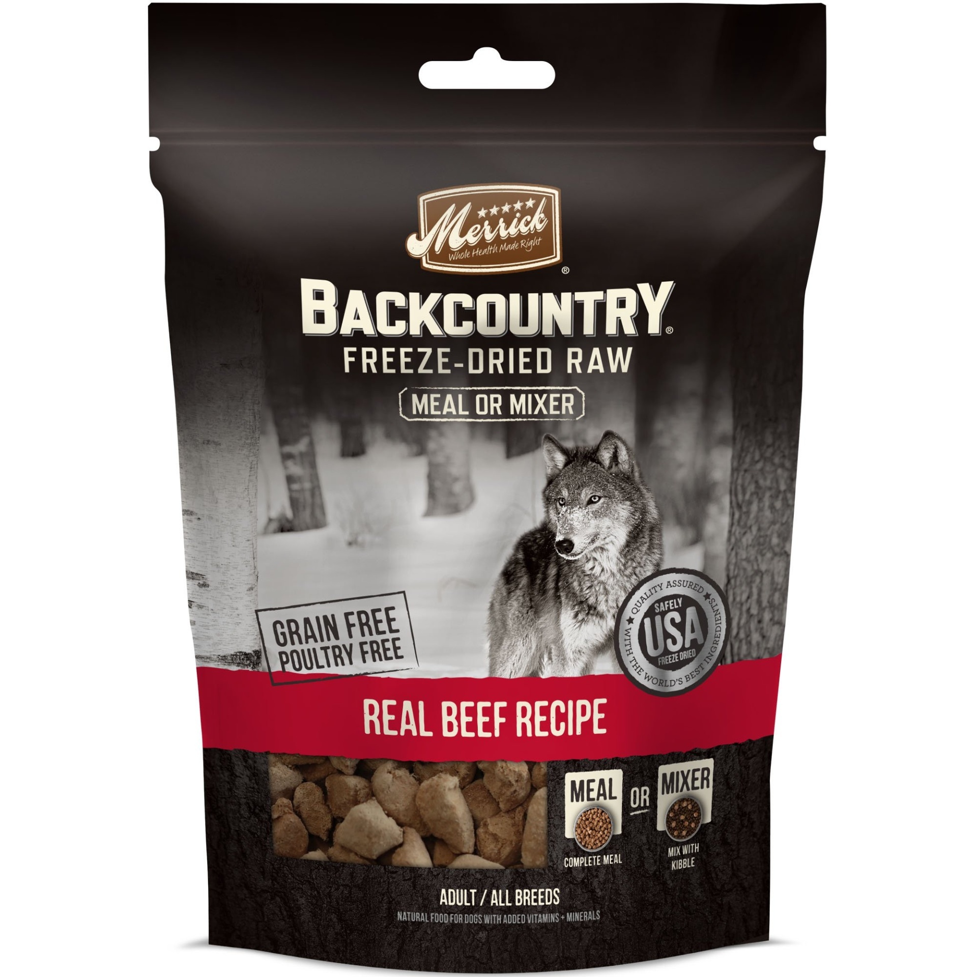 slide 1 of 1, Merrick Backcountry Freeze-Dried Raw Real Beef Recipe Meal Or Mixer Grain Free Adult Dog Food, 5.5 oz