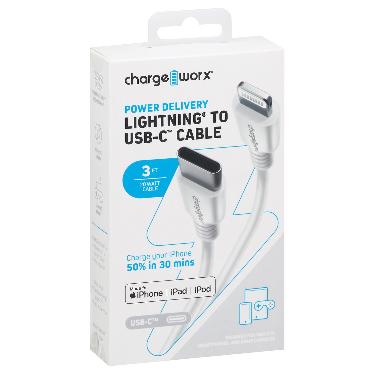 slide 2 of 9, Chargeworx Power Delivery 3 FT 20 Watt Cable Lightning to USB-C Cable 1 ea, 1 ea