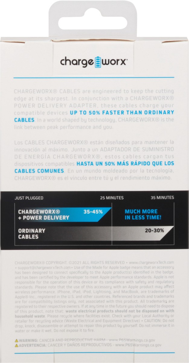 slide 3 of 9, Chargeworx Power Delivery 3 FT 20 Watt Cable Lightning to USB-C Cable 1 ea, 1 ea