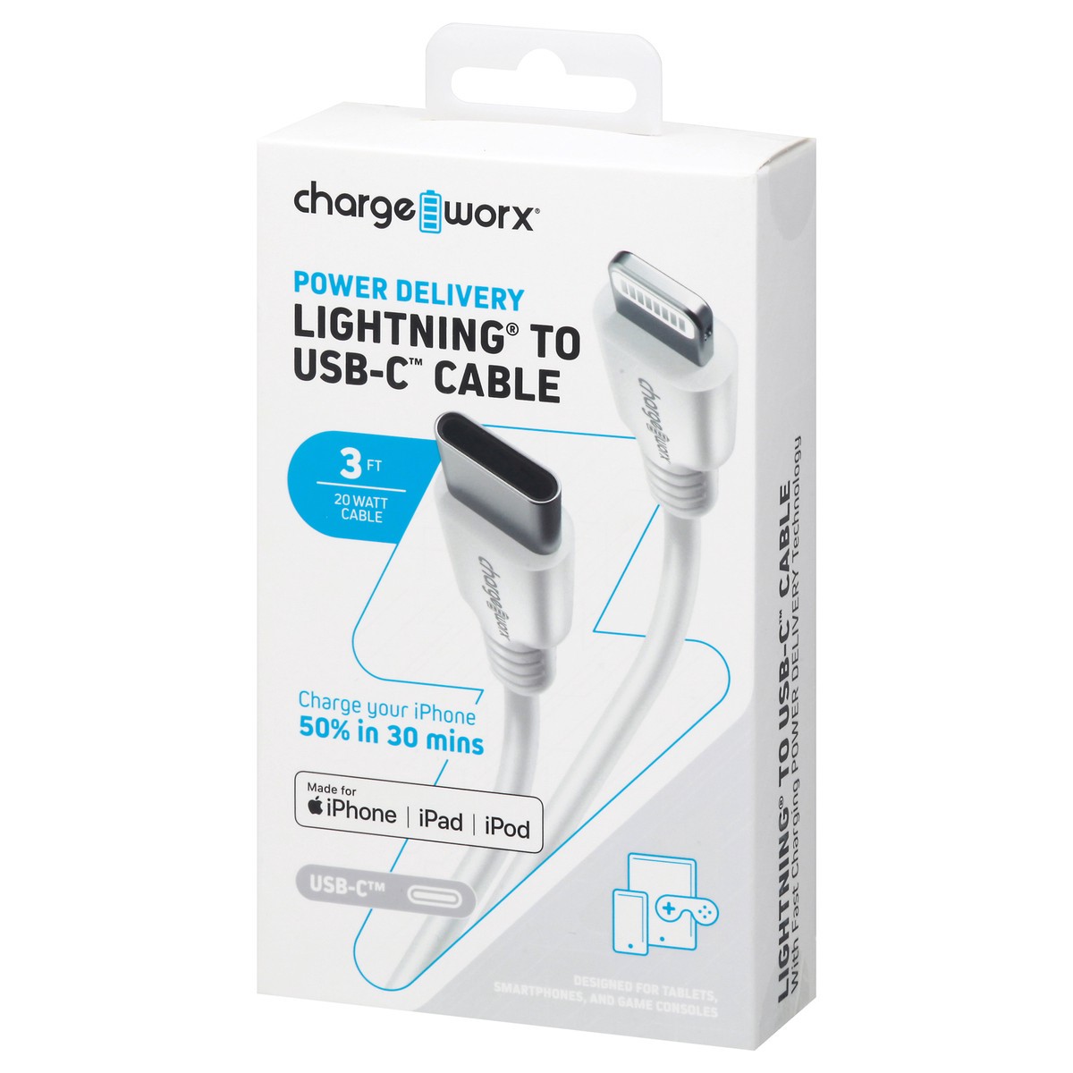 slide 7 of 9, Chargeworx Power Delivery 3 FT 20 Watt Cable Lightning to USB-C Cable 1 ea, 1 ea