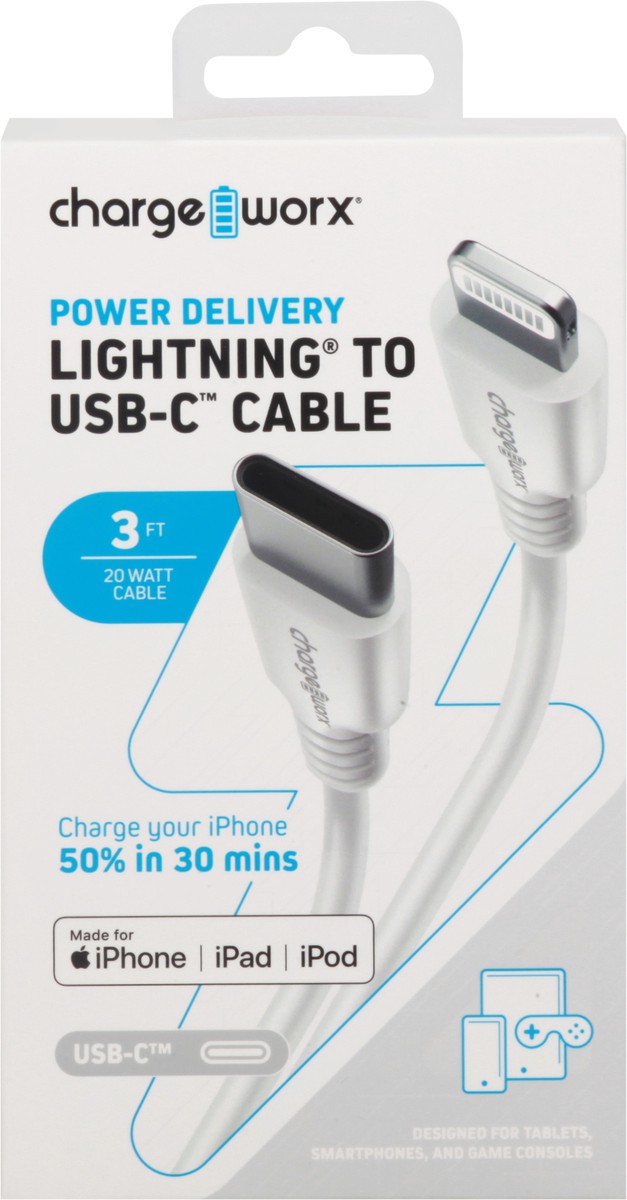 slide 9 of 9, Chargeworx Power Delivery 3 FT 20 Watt Cable Lightning to USB-C Cable 1 ea, 1 ea