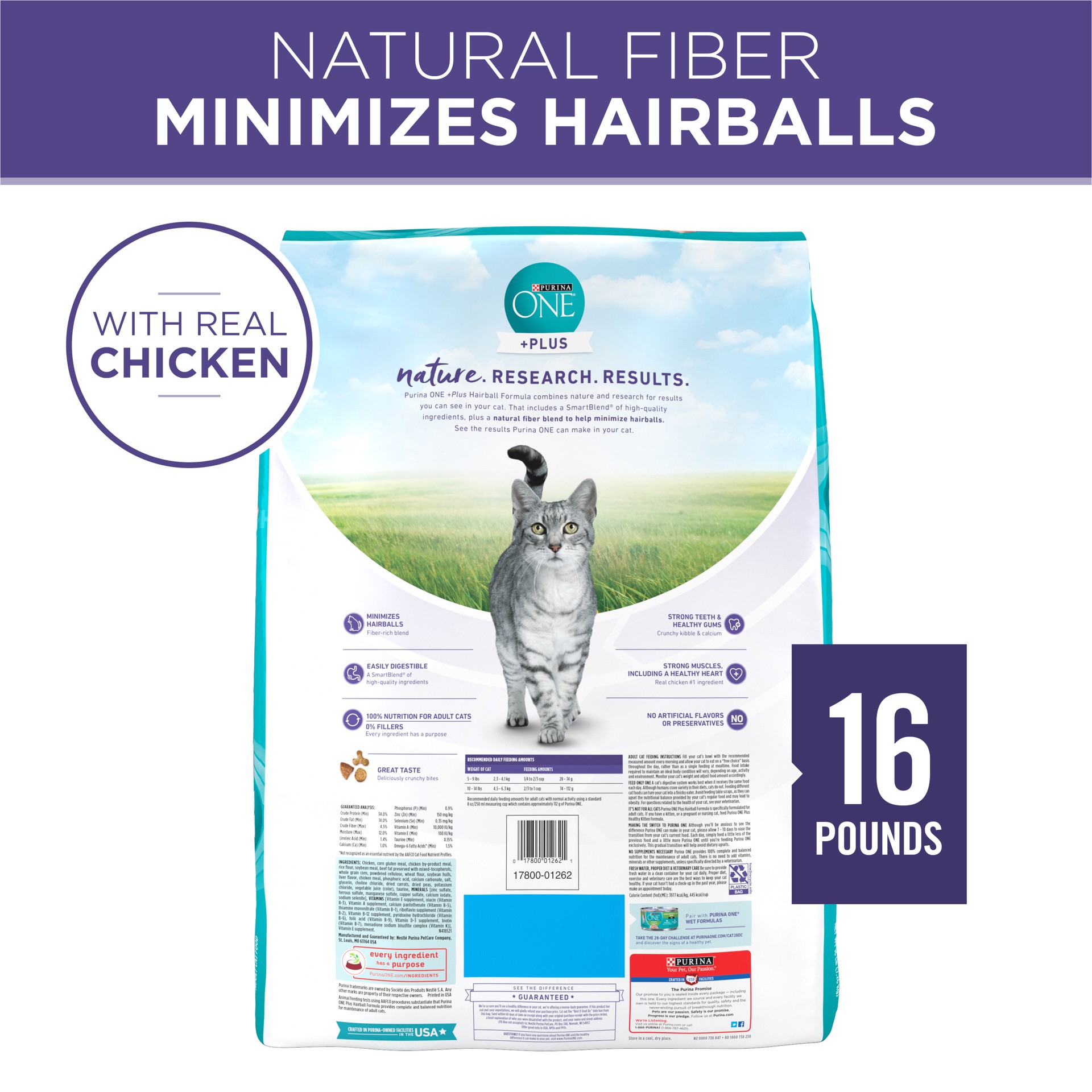 slide 4 of 7, ONE Purina ONE Natural Cat Food for Hairball Control, +PLUS Hairball Formula, 16 lb