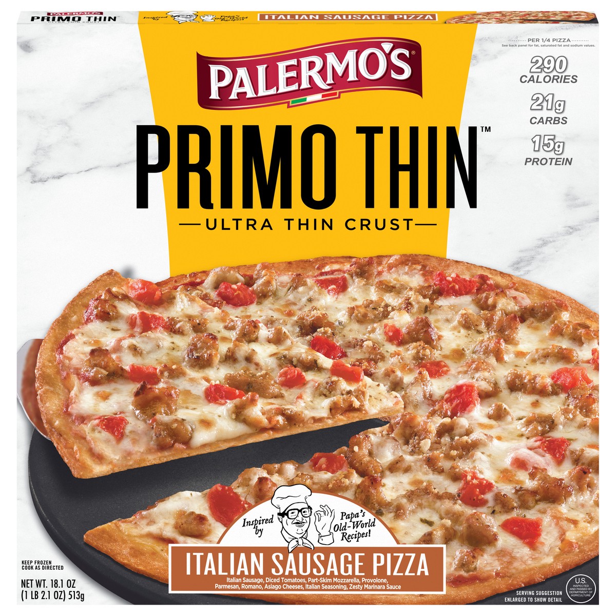 slide 1 of 9, Palermo's Primo Thin Ultra Thin Crust Italian Sausage Pizza 18.1 oz, 18.1 oz