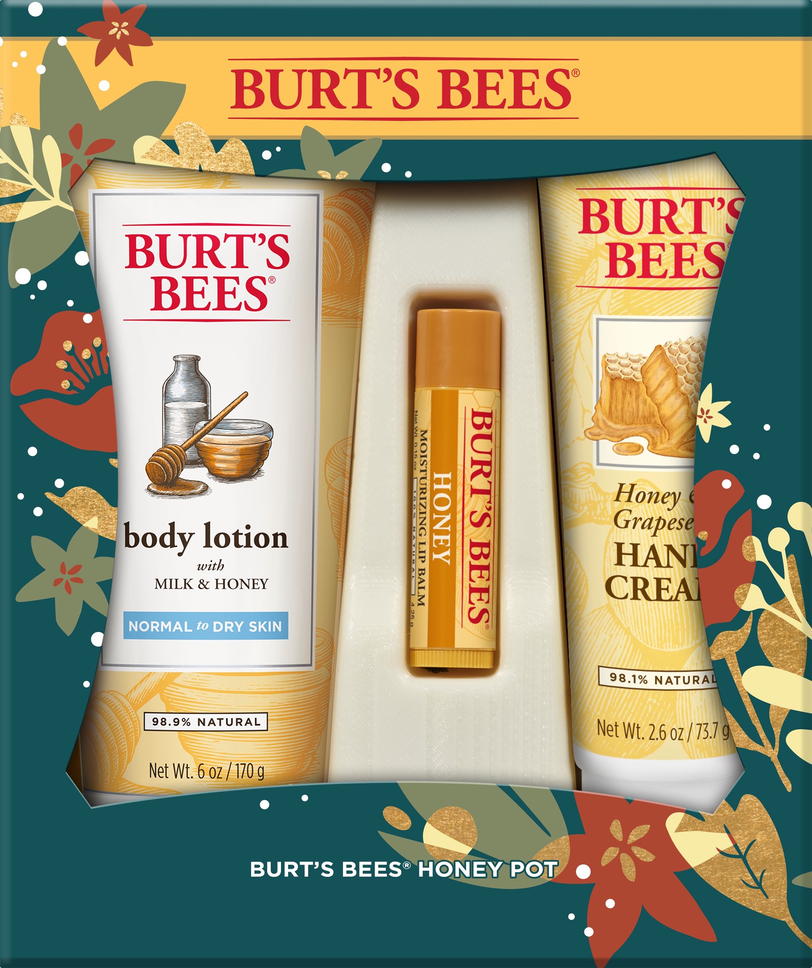 slide 1 of 1, Burt's Bees Honey Pot Holiday Gift Set, 3 Honey Skin Care Products, Milk & Honey Body Lotion, Honey & Grapeseed Hand Cream and Honey Lip Balm in Festive Gift Box, 1 ct