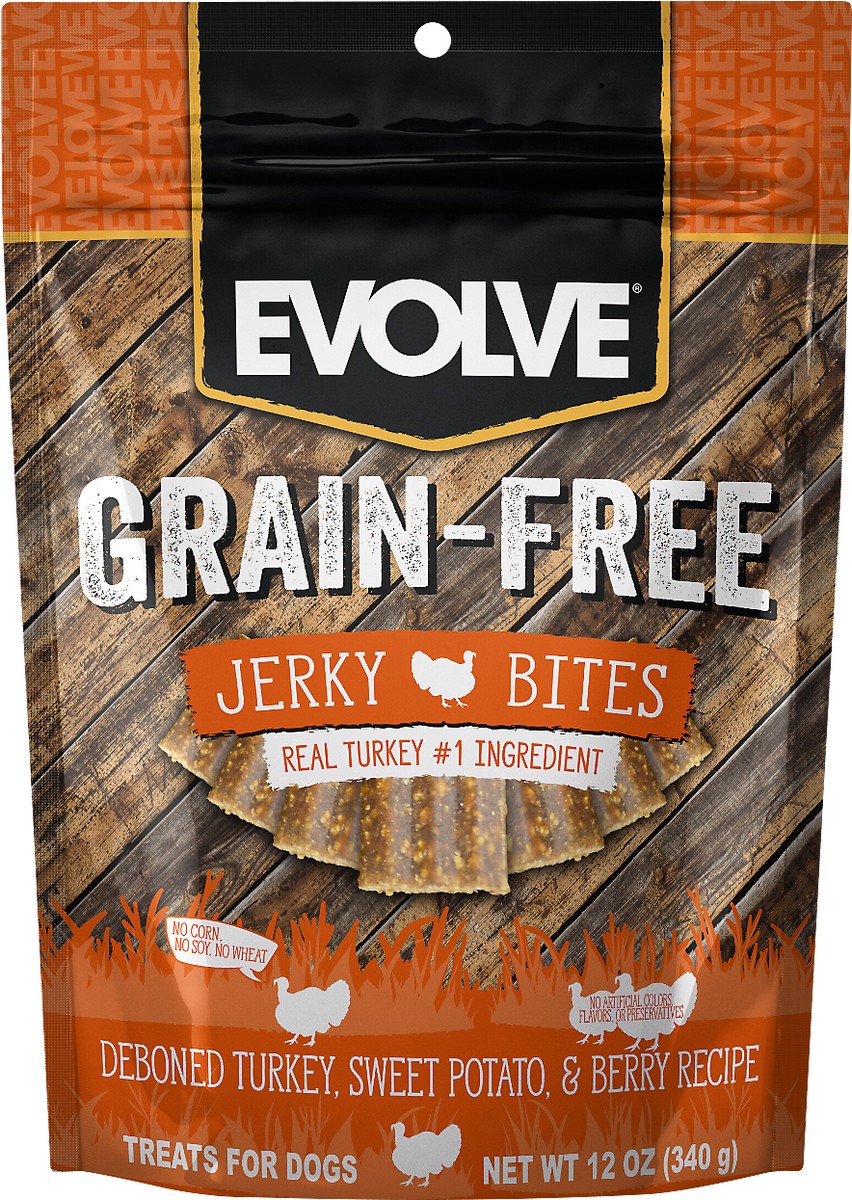 slide 1 of 3, Evolve Jerky Bites Grain-Free Deboned Turkey, Pea & Berry Recipe Treats for Dogs 12 oz, 12 oz