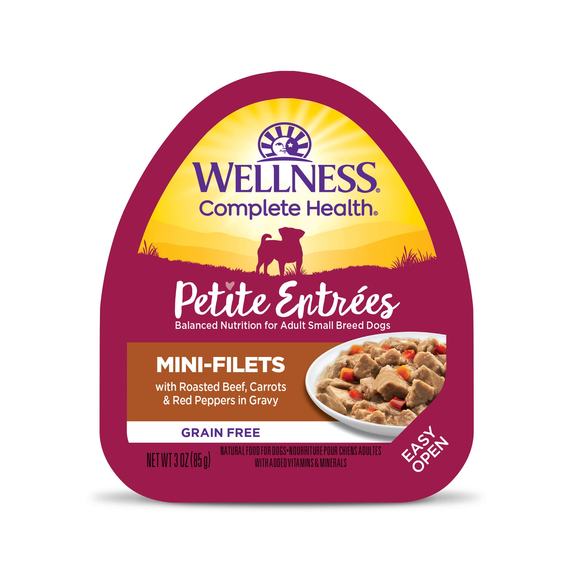 slide 1 of 1, Wellness Petite Entrees Mini-Filets Roasted Beef, Carrots & Red Peppers in Gravy Dog Food, 3 oz