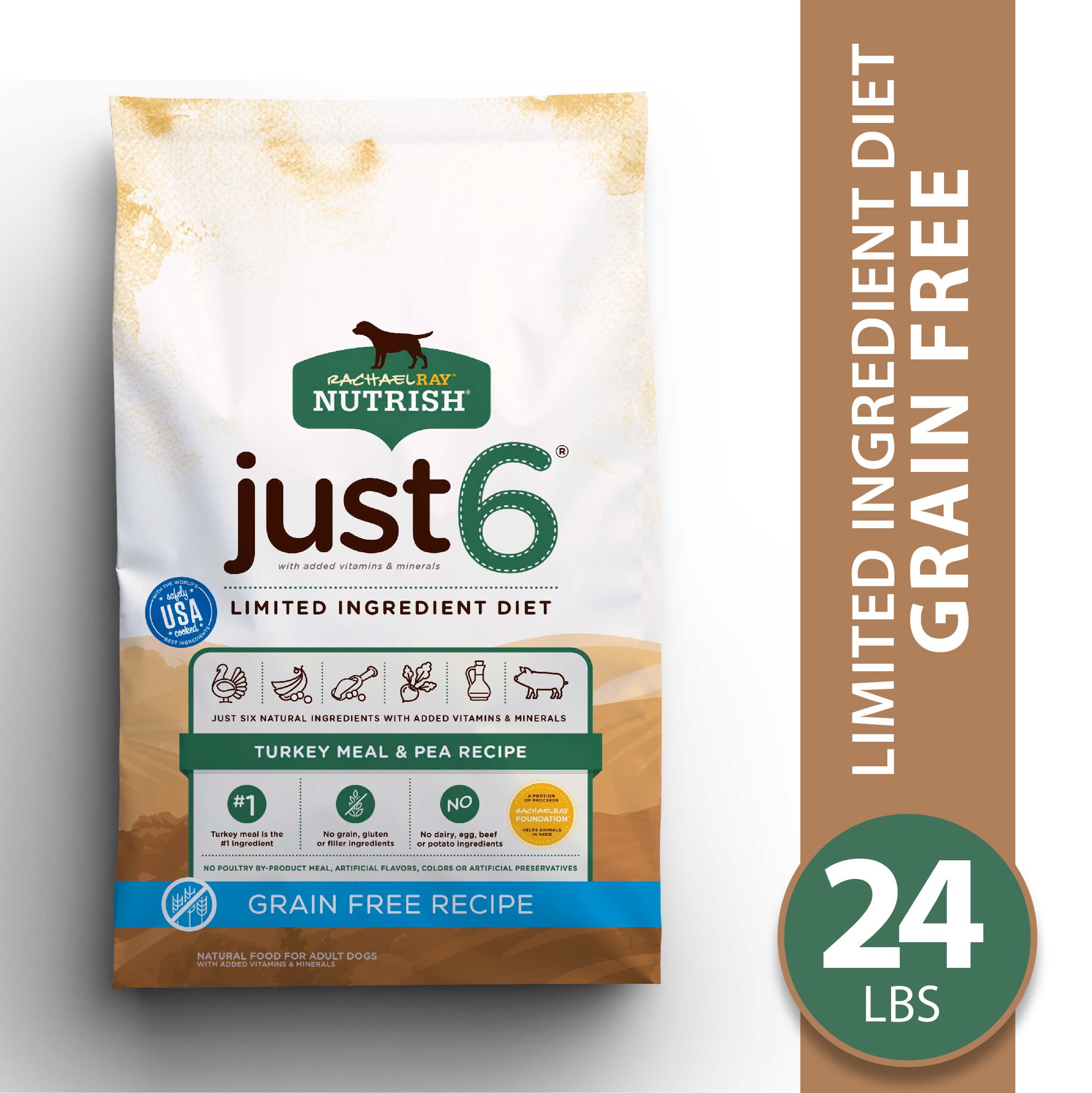 slide 3 of 7, Rachael Ray Nutrish Just 6 Natural Dry Dog Food, Grain Free Turkey Meal & Pea Limited Ingredient Diet, 24 lbs, 24 lb