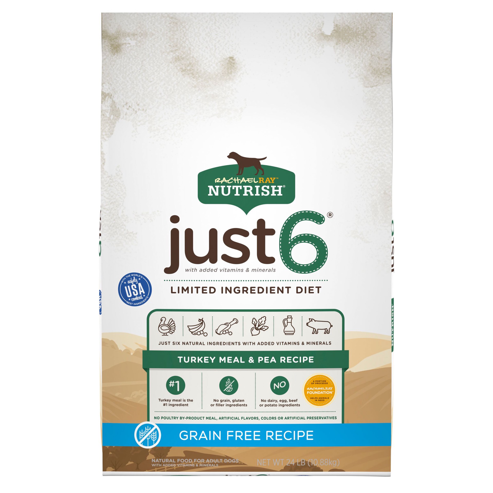 slide 1 of 7, Rachael Ray Nutrish Just 6 Natural Dry Dog Food, Grain Free Turkey Meal & Pea Limited Ingredient Diet, 24 lbs, 24 lb