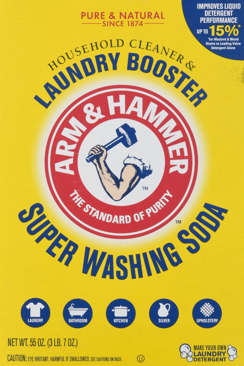 slide 9 of 9, Arm & Hammer Super Washing Soda Detergent Booster & Household Cleaner, 55oz., 55 oz