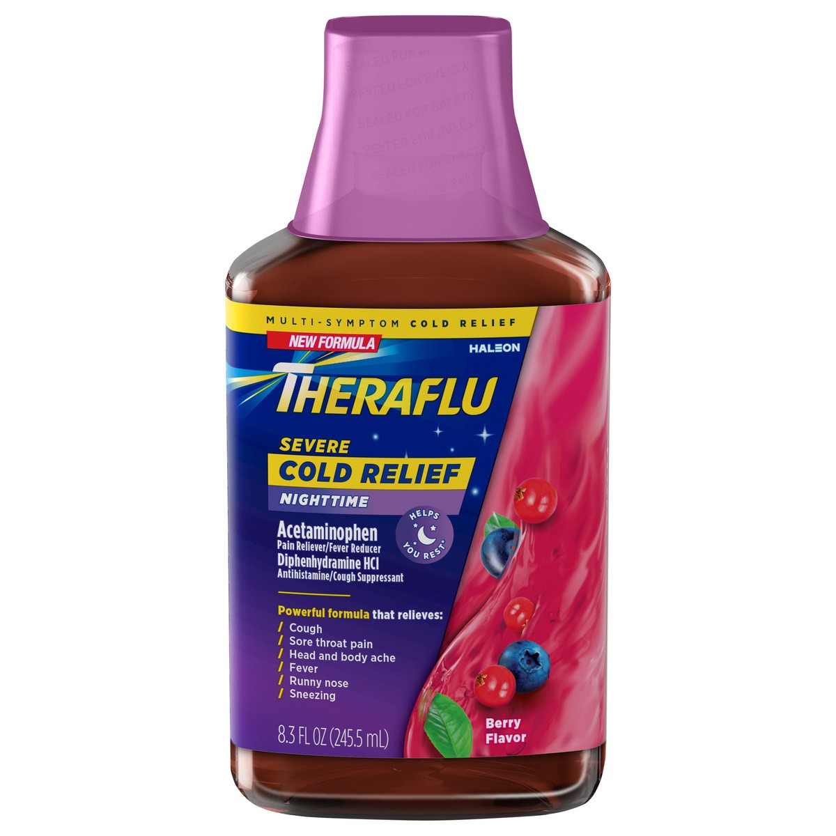 slide 8 of 16, Theraflu ExpressMax Severe Cold and Cough Syrup, Nighttime Cold Medicine, Berry Flavor - 8.3 Oz, 8.3 fl oz