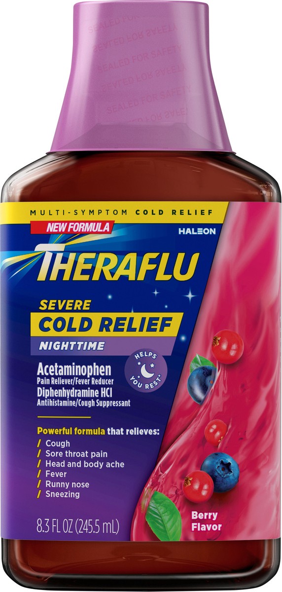 slide 9 of 16, Theraflu ExpressMax Severe Cold and Cough Syrup, Nighttime Cold Medicine, Berry Flavor - 8.3 Oz, 8.3 fl oz