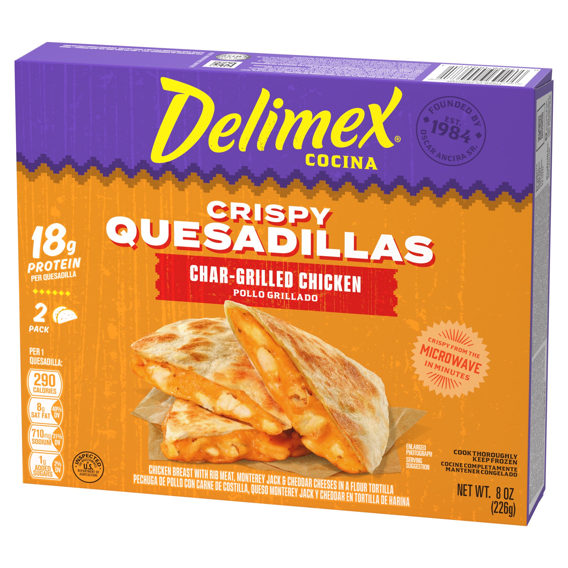 slide 5 of 5, Delimex Char-Grilled Chicken Crispy Quesadillas, 8 oz box, 2 ct