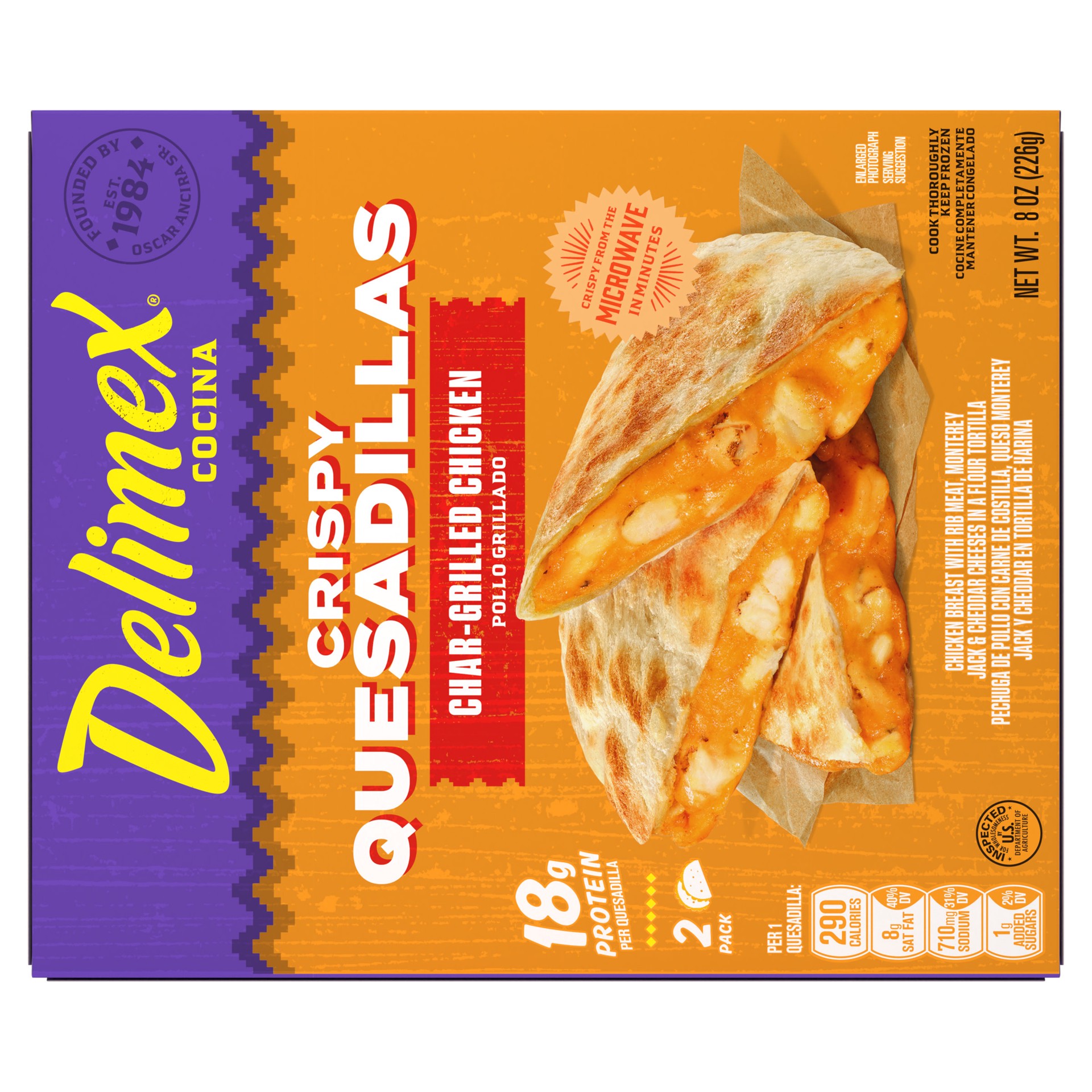 slide 3 of 5, Delimex Char-Grilled Chicken Crispy Quesadillas, 8 oz box, 2 ct