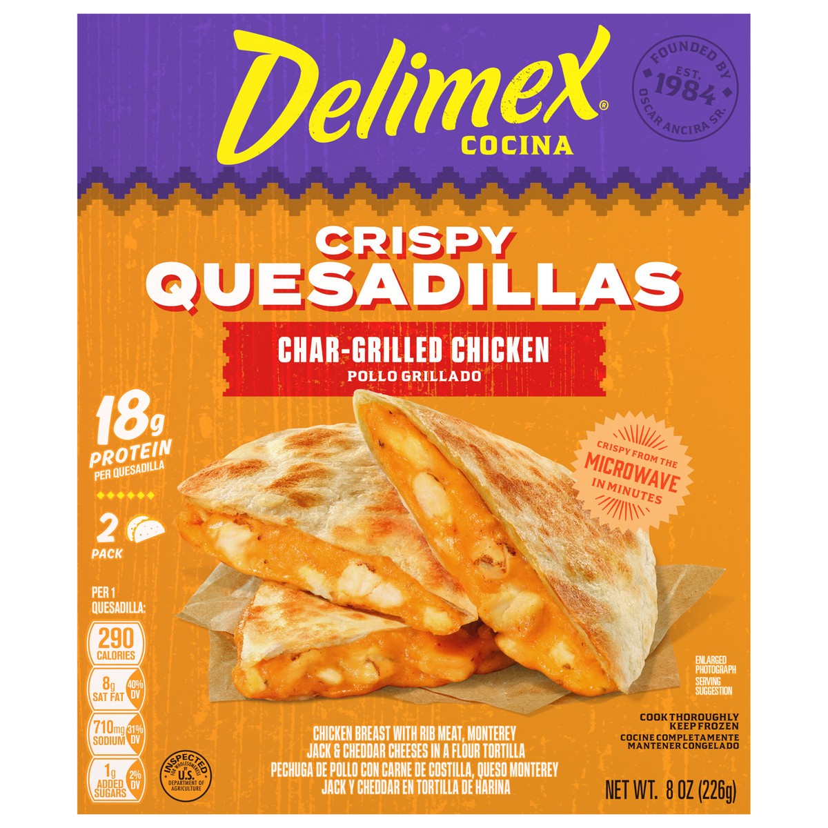 slide 1 of 5, Delimex Char-Grilled Chicken Crispy Quesadillas, 8 oz box, 2 ct