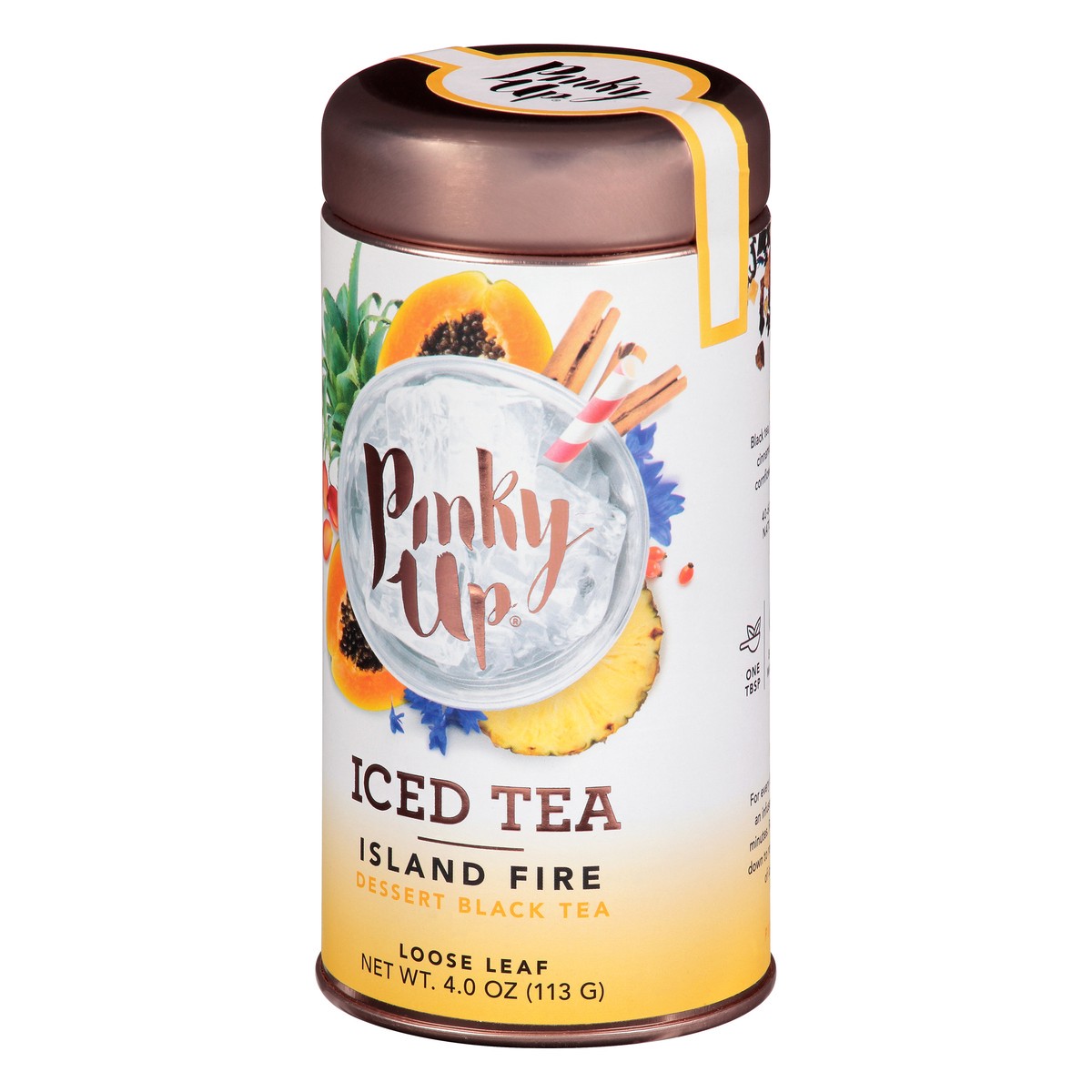 slide 9 of 12, Pinky Up Island Fire Loose Leaf Iced Tea | Black Tea Blend With Fruit, 40-60 mg Caffeine, Naturally Low Calorie | 4.0 Ounce Tin, 25 Servings, 1 cnt