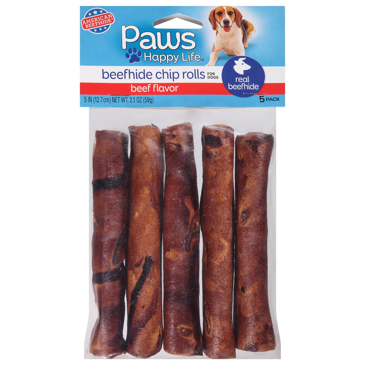 slide 10 of 13, Paws Happy Life 5 Pack 5 Inch for Dogs Beef Flavor Beefhide Chip Rolls 2.1 oz, 2.1 oz