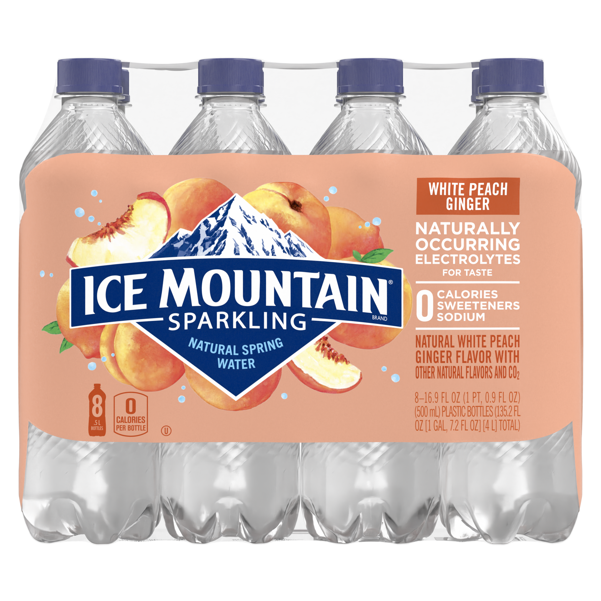 slide 1 of 5, Ice Mountain Sparkling Water, White Peach Ginger, 16.9 oz. Plastic Bottles (8 Count), 16.9 fl oz