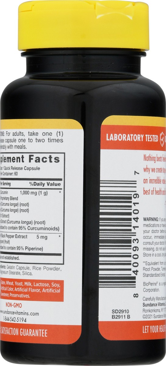slide 5 of 12, Sundance Vitamins 1000 mg with BioPerine Standardized Turmeric Curcumin Complex Quick Release Capsules 60 ea, 60 ct