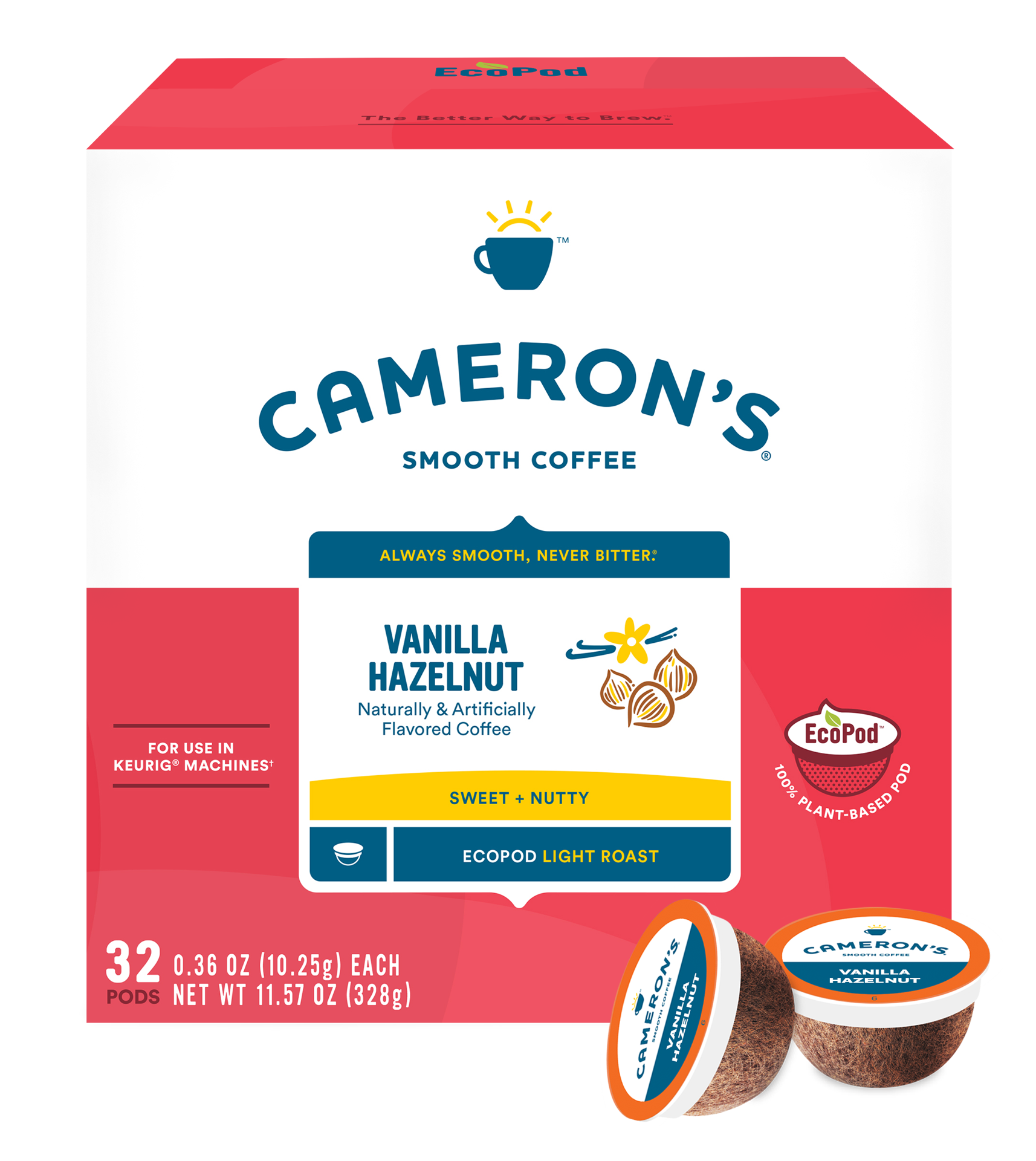 slide 1 of 9, Cameron's Coffee Single Serve Pods, Flavored, Vanilla Hazelnut, 32 Count, 11.57 oz