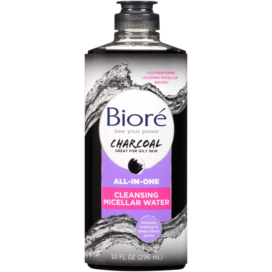 slide 1 of 7, Biore Charcoal Cleansing Micellar Water Facial Cleanser, 10 fl oz