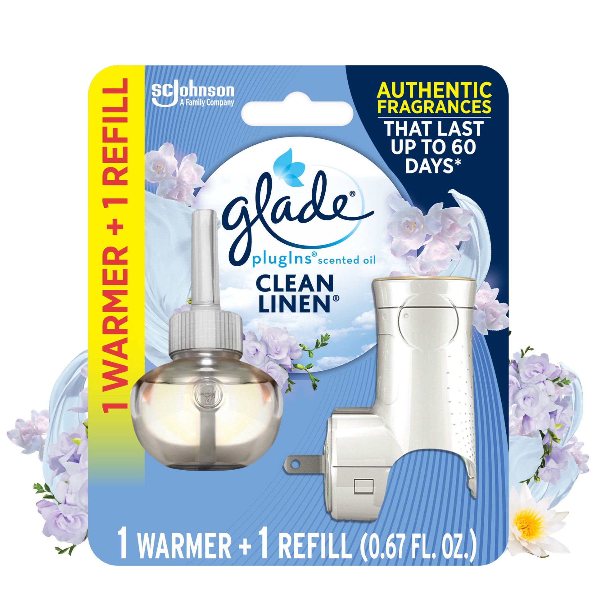 slide 4 of 5, Glade PlugIns Scented Oil Warmer + Refills, Air Freshener, Clean Linen™, 1.34 oz, 0.67 fl oz