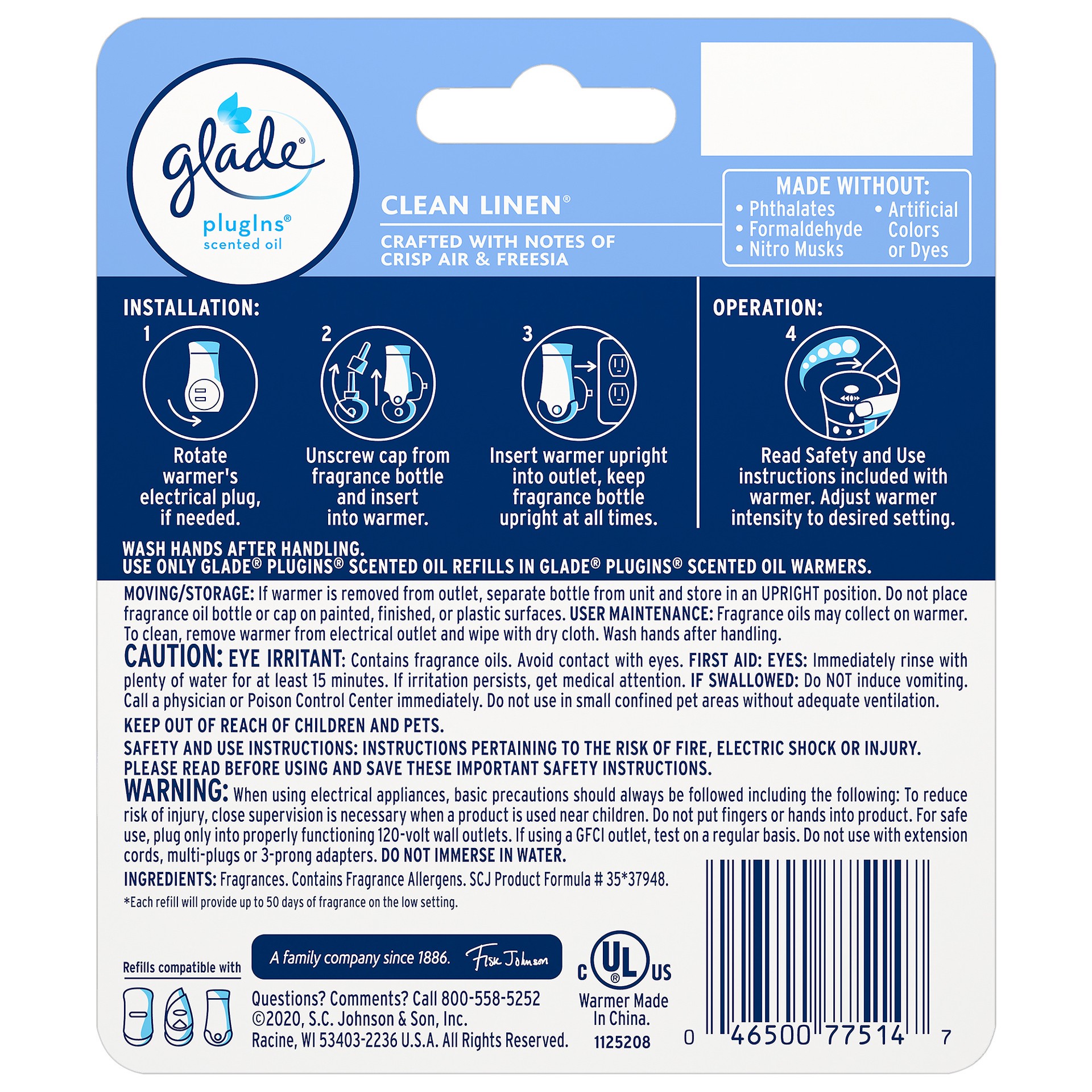 slide 5 of 5, Glade PlugIns Scented Oil Warmer + Refills, Air Freshener, Clean Linen™, 1.34 oz, 0.67 fl oz