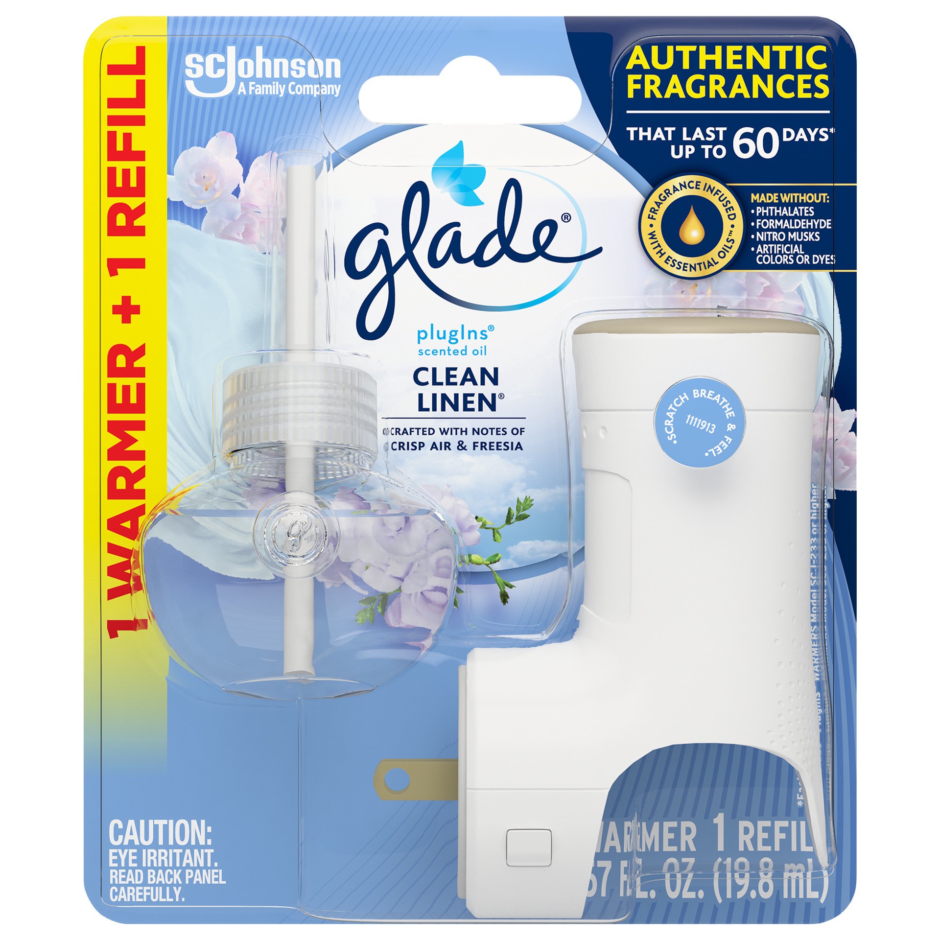 slide 1 of 5, Glade PlugIns Scented Oil Warmer + Refills, Air Freshener, Clean Linen™, 1.34 oz, 0.67 fl oz