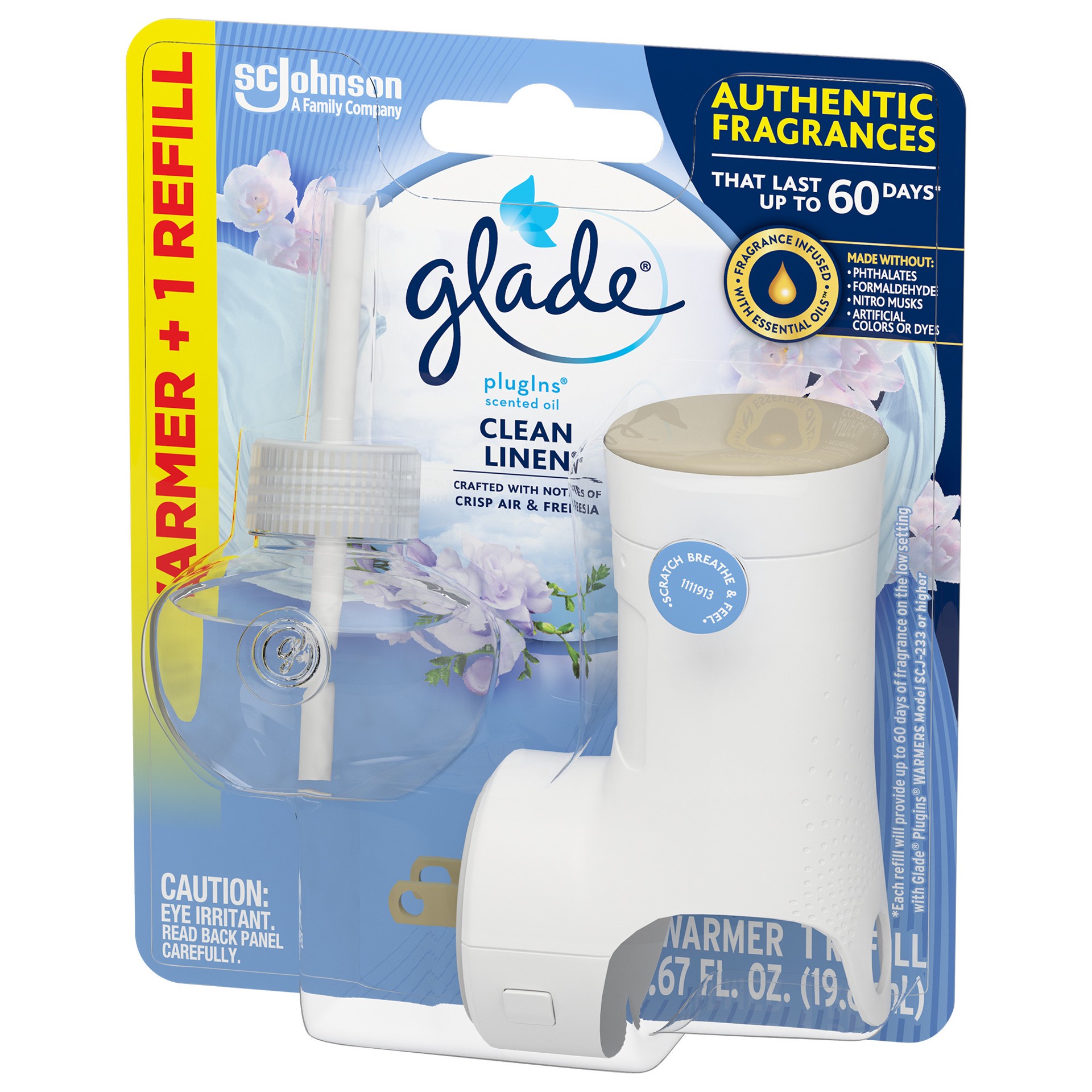 slide 3 of 5, Glade PlugIns Scented Oil Warmer + Refills, Air Freshener, Clean Linen™, 1.34 oz, 0.67 fl oz