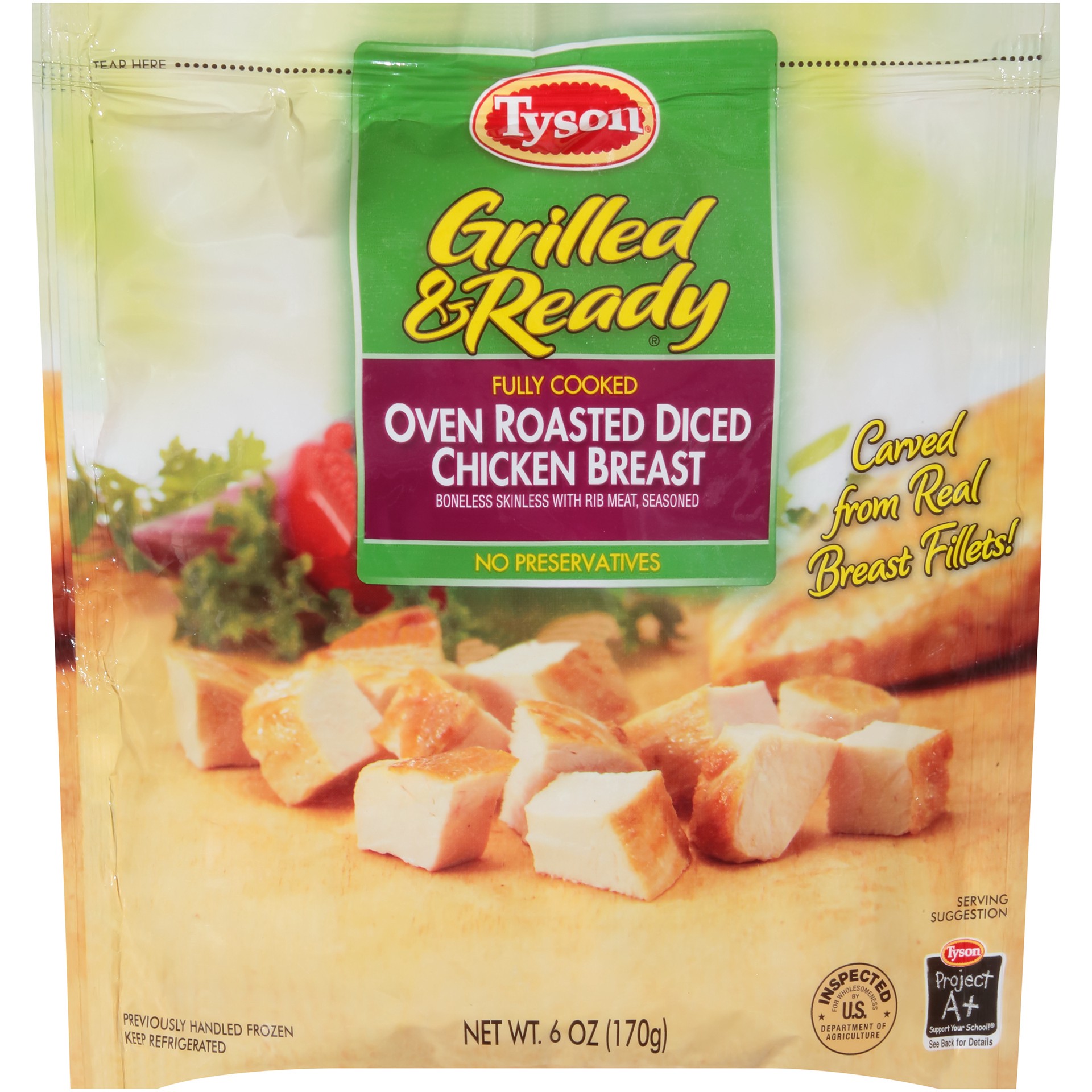 slide 1 of 5, TYSON GRILLED AND READY Fully Cooked Oven Roasted Diced Chicken Breast Boneless, Skinless with Rib Meat, Seasoned, 170.10 g