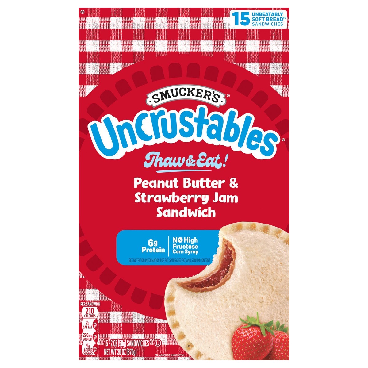 slide 1 of 4, Smucker's Uncrustables Peanut Butter & Strawberry Jam Sandwiches, 2 oz, 15 count (Frozen), 15 ct; 2 oz