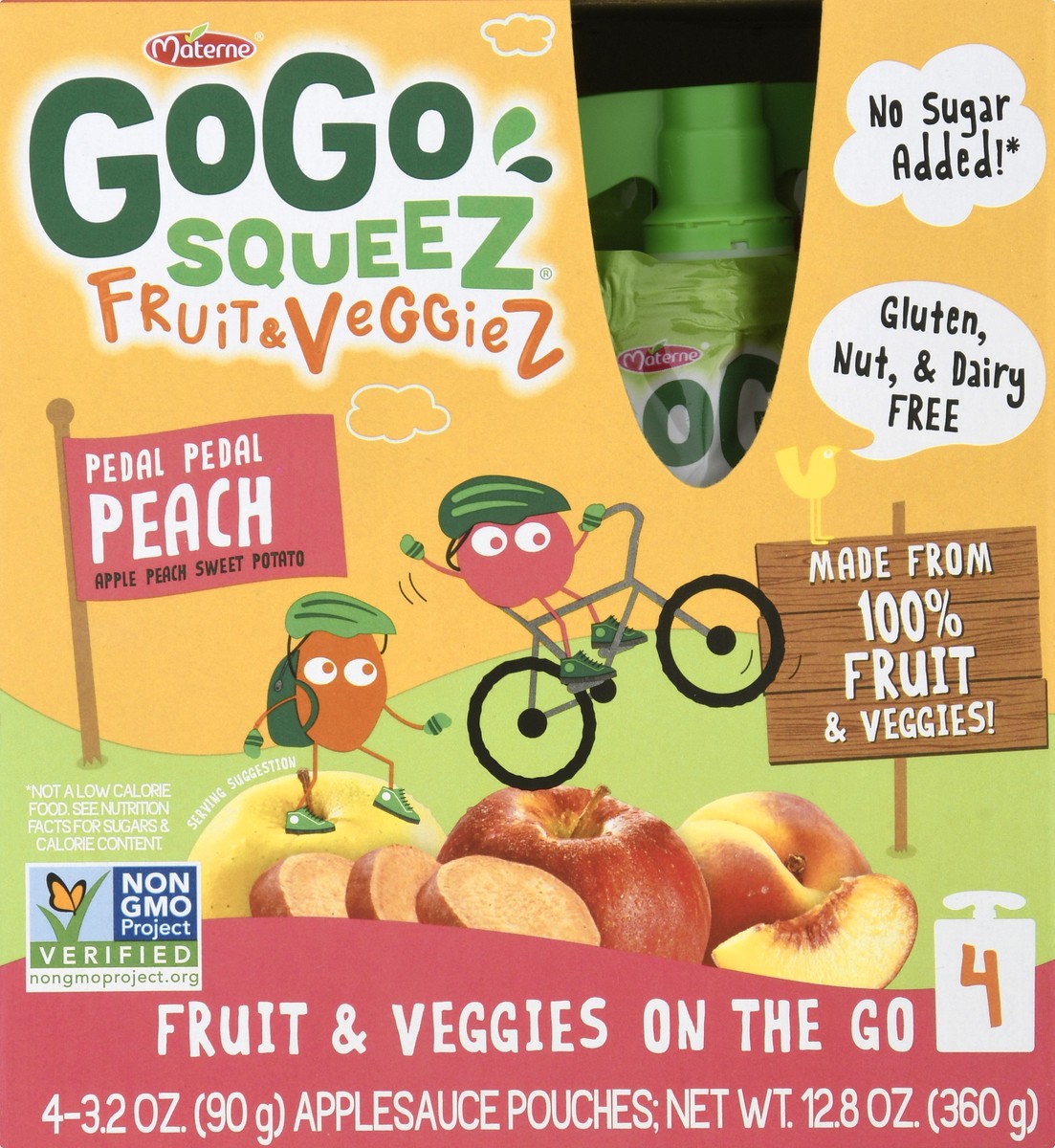 slide 1 of 9, GoGo squeeZ Pedal Pedal Peach Fruit & Veggies On The Go Pouches, 4 ct