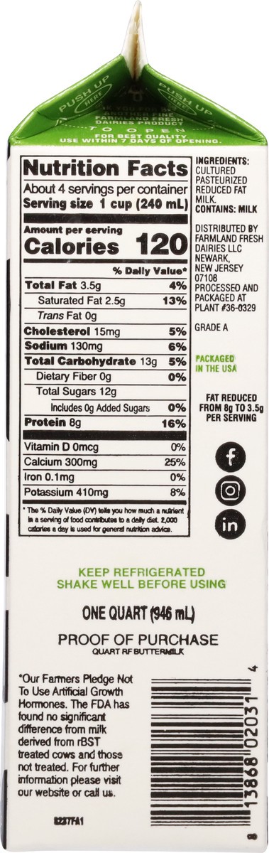 slide 2 of 14, Farmland Cultured 1.5% Milkfat Reduced Fat Buttermilk 1 qt, 1 qt