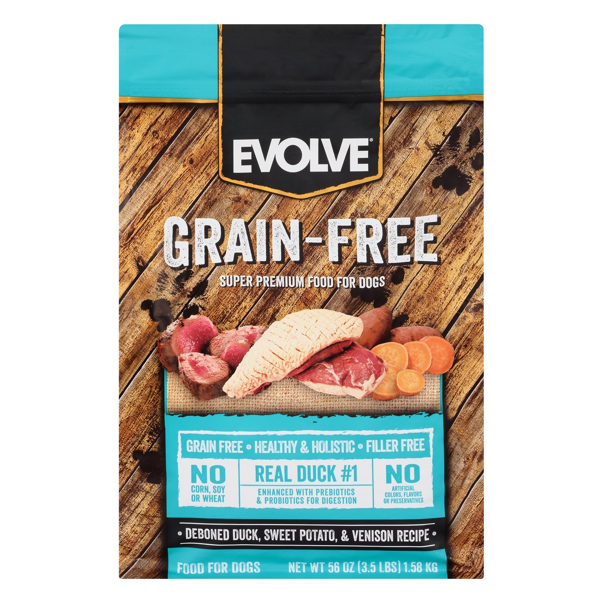 slide 10 of 12, Evolve Grain-Free Super Premium Deboned Duck, Sweet Potato, & Venison Recipe Food for Dogs 56 oz, 56 oz