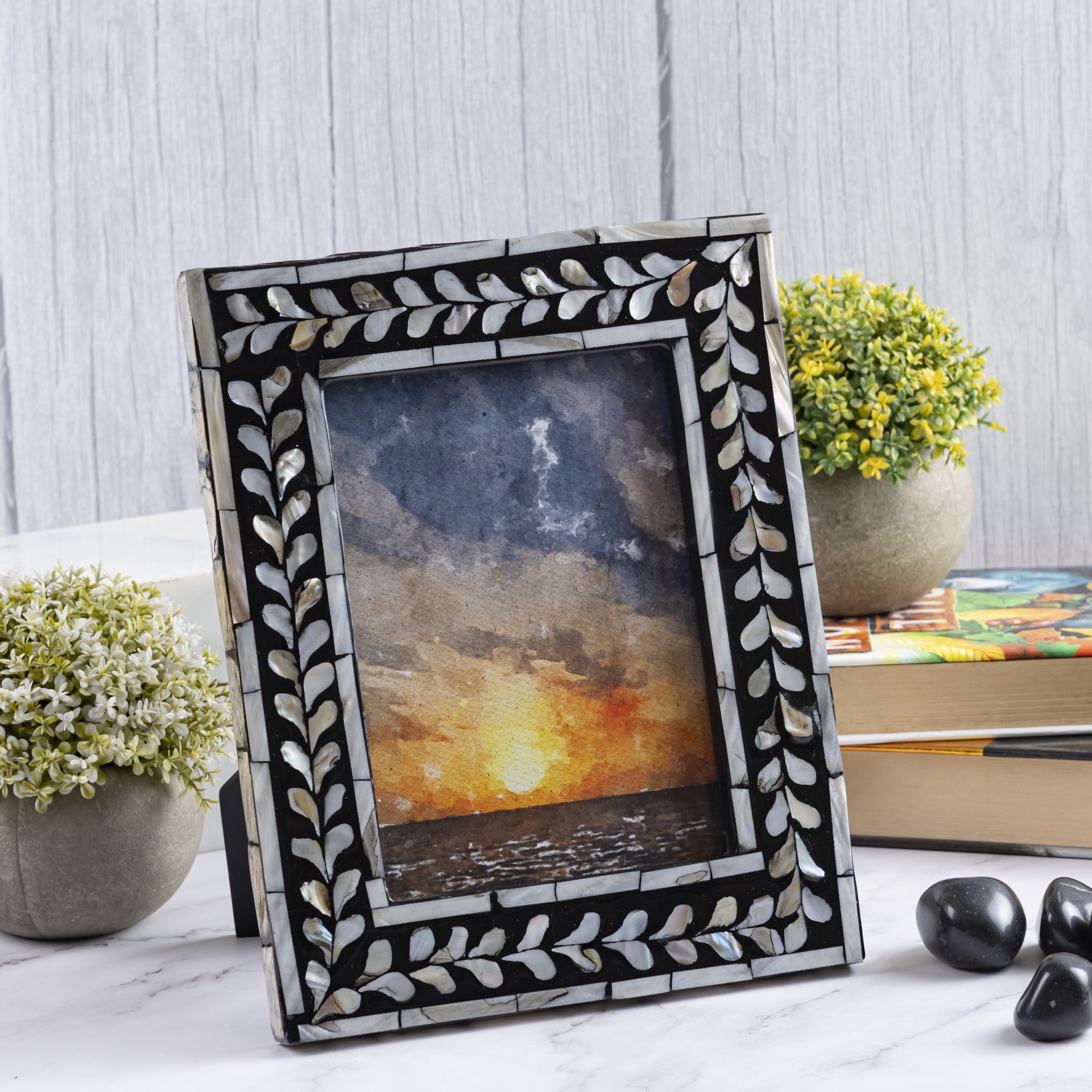 slide 4 of 4, 5" X 7" Black With Mother Of Pearl Leaf Tabletop Frame, Atelier By Studio Decor, 5 in x 7 in
