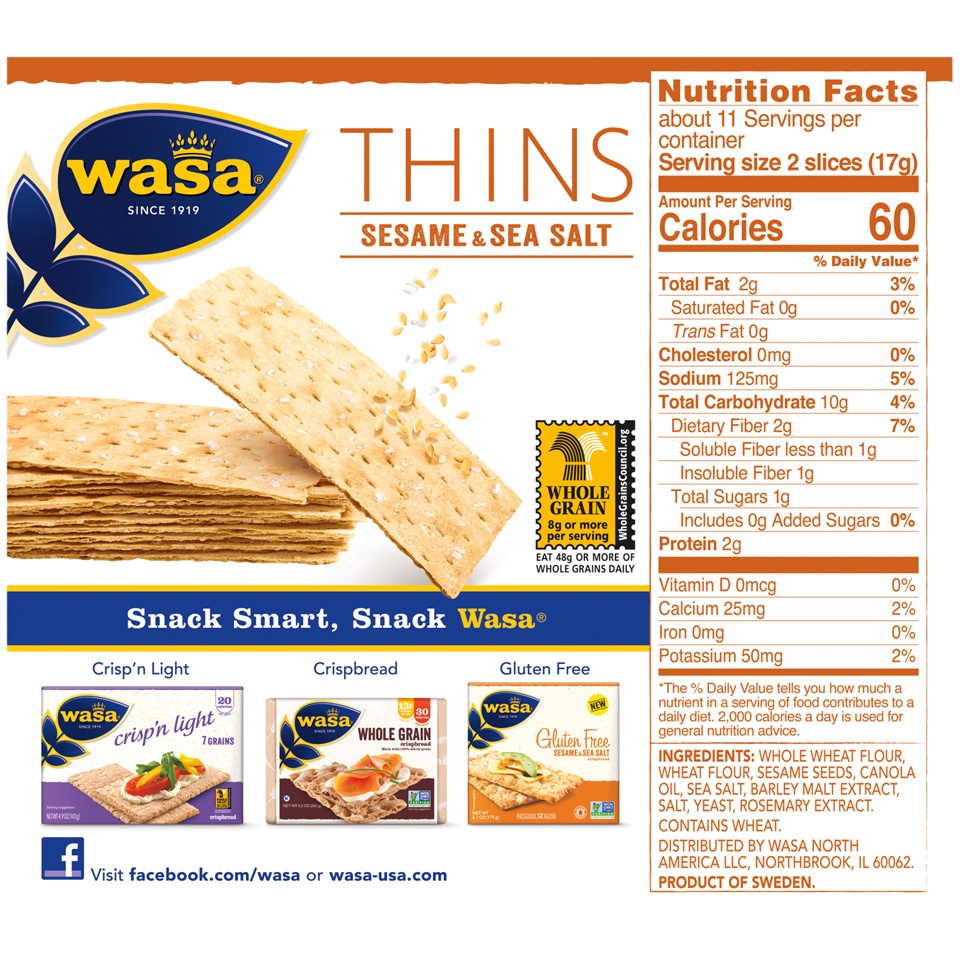 slide 8 of 8, Wasa Thins Swedish Style Sesame & Sea Salt Flatbread 6.7 oz, 10 ct