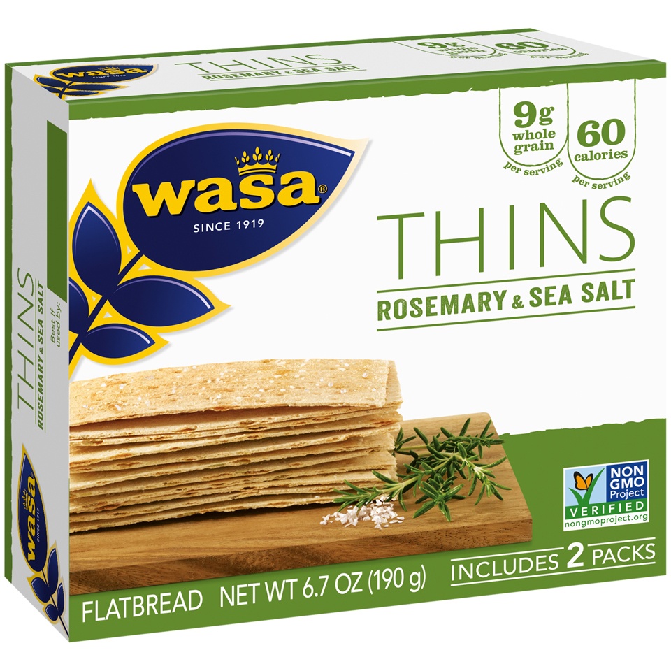 slide 6 of 8, Wasa Thins Swedish Style Rosemary & Sea Salt Flatbread 6.7 oz, 10 ct