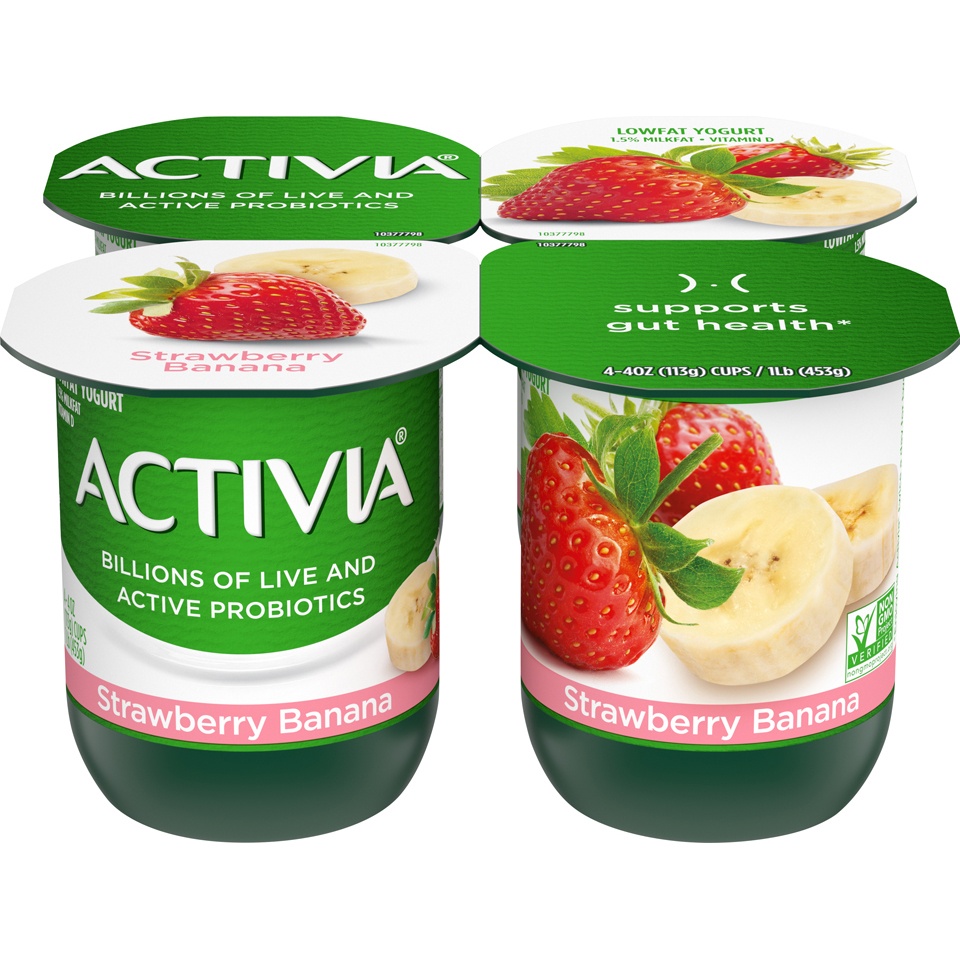 slide 6 of 8, Activia Strawberry Banana Probiotic Yogurt, Low Fat Yogurt Cups, 4 OZ, 4 Ct, 4 ct