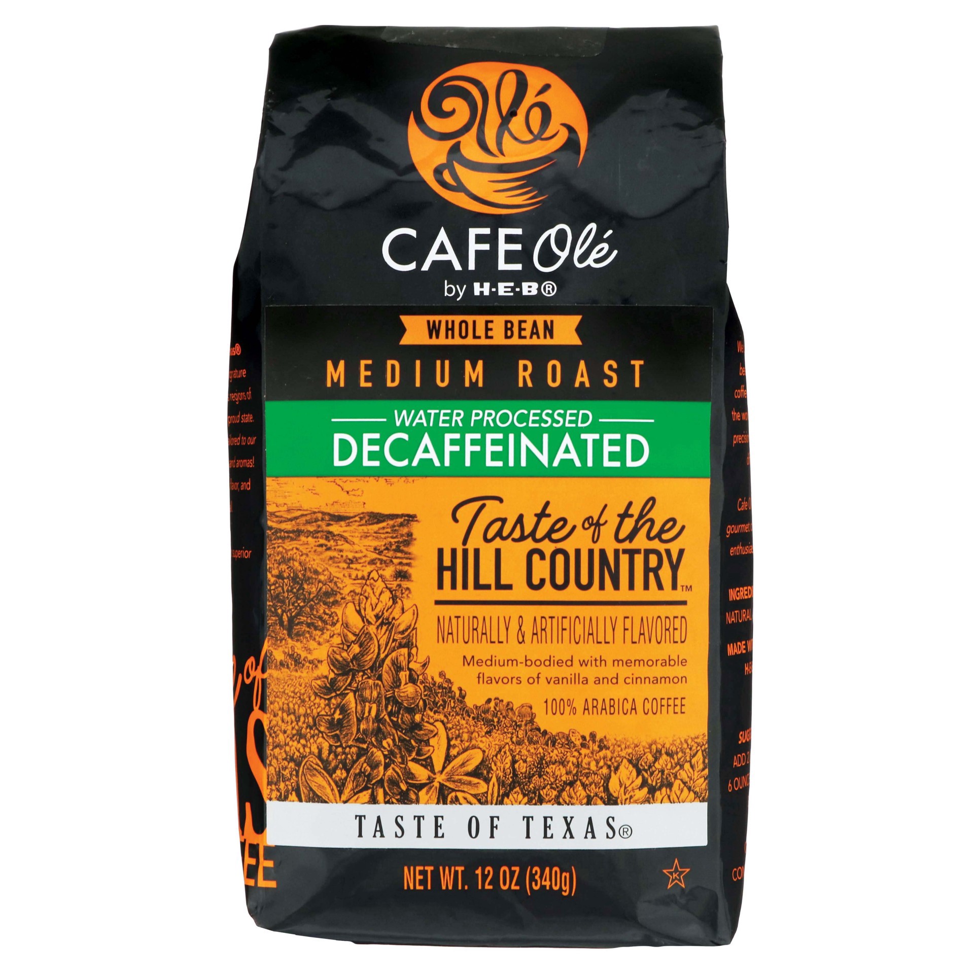 slide 1 of 1, H-E-B Cafe Ole Whole Bean Taste of The Hill Country Decaf Medium Roast Coffee - 12 oz, 12 oz