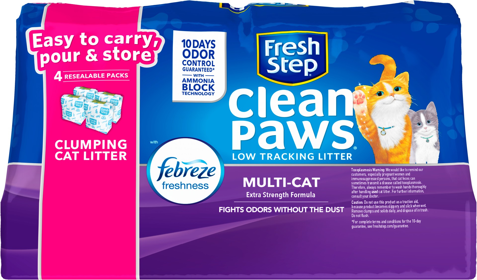slide 2 of 5, Fresh Step Clean Paws Cat Litter with Febreze Freshness, Multi-Cat Low-Tracking Clumping Litter, 37.8 lbs. (4 x 9.45 lb. Bag), 38 lb