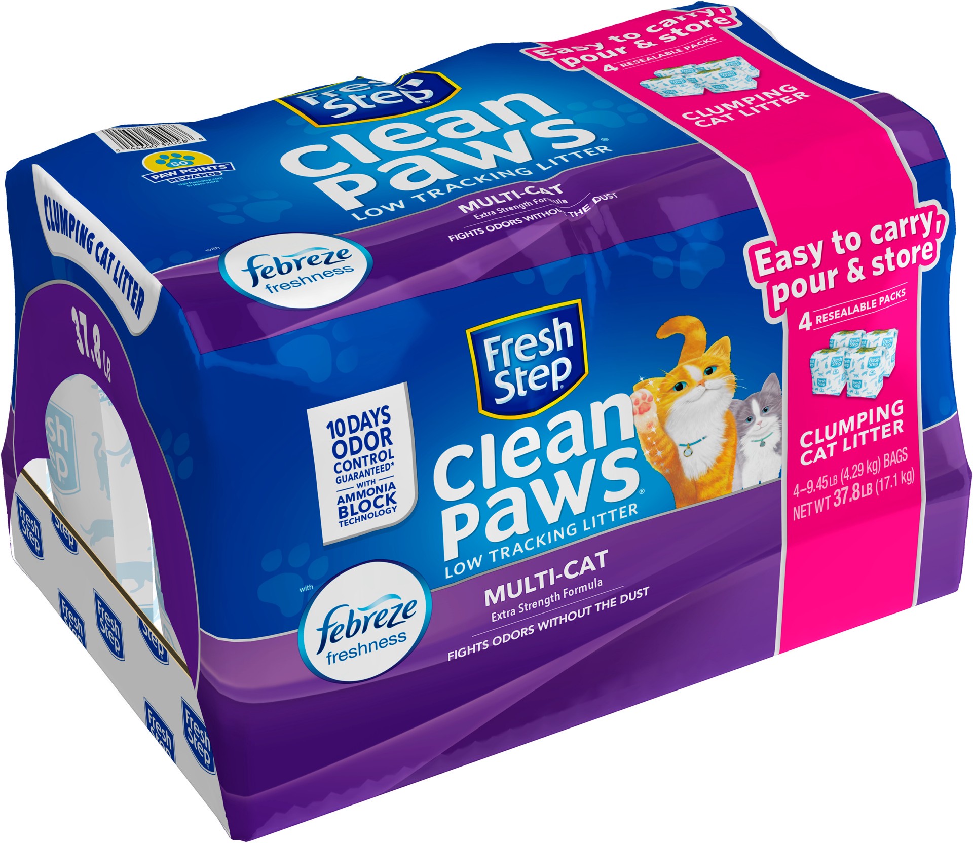 slide 4 of 5, Fresh Step Clean Paws Cat Litter with Febreze Freshness, Multi-Cat Low-Tracking Clumping Litter, 37.8 lbs. (4 x 9.45 lb. Bag), 38 lb